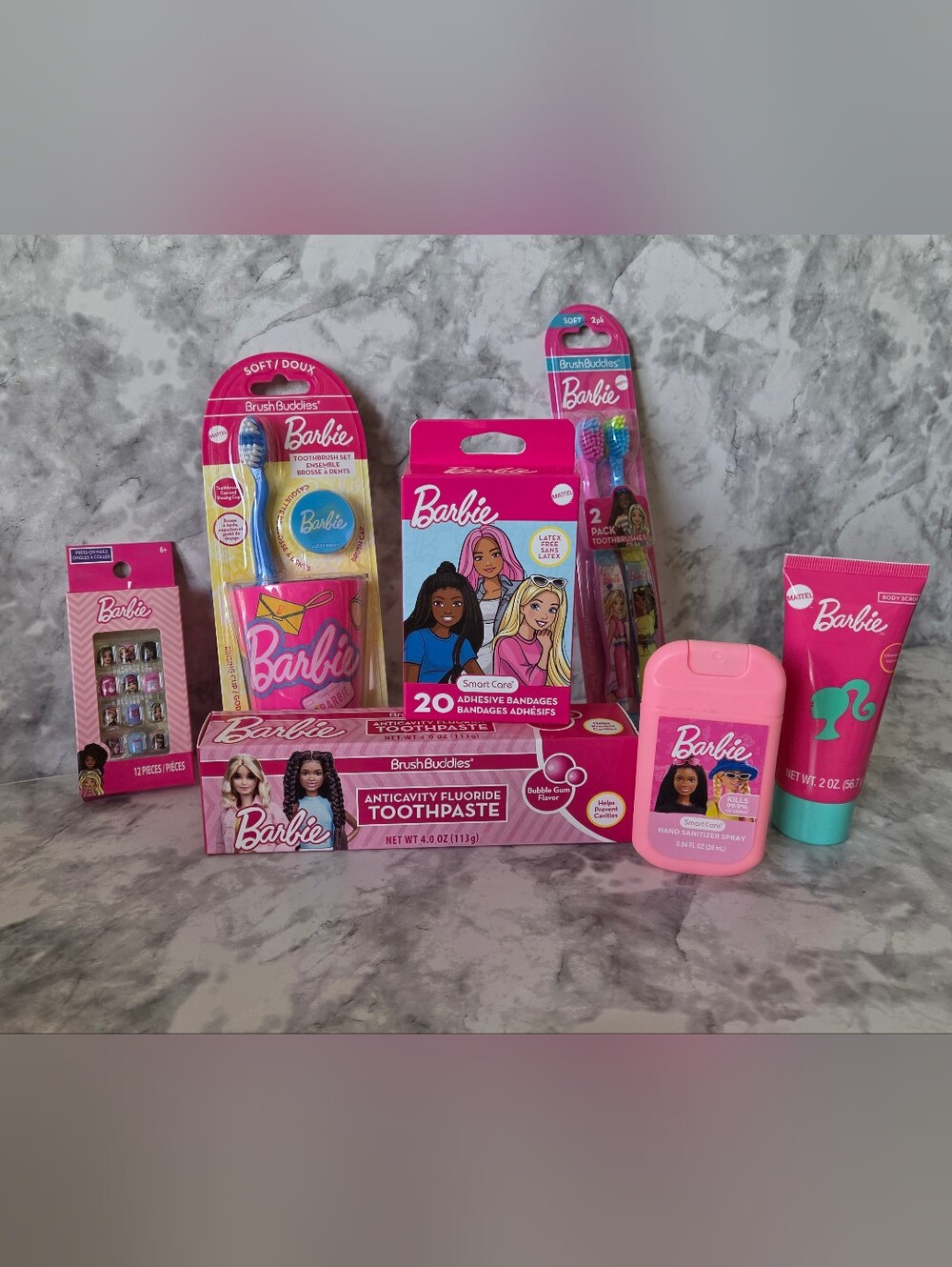 Barbie 7 Piece Bundle Set - Toothpaste, Toothbrush, Bandaids, Nails, Sanitzer...